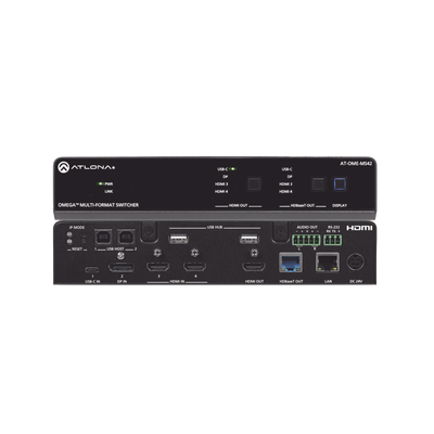 OMEGA Switch Matriz 4x2 de AV Multiformato con Entradas HDMI, USB-C y Display Port / Salidas HDMI y  HDBaseT / para Videoconferencia y Presentaciones