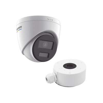 KIT DE CÁMARA + MONTAJE / Turret IP 2 Megapixel / Imagen a Color 24/7 / PoE / Lente 2.8 mm / Luz Blanca 30 mts / Exterior IP67 / dWDR