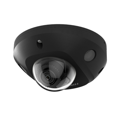 Mini Domo IP 4 Megapixel / Color Negro / Lente 2.8 mm / Micrófono Integrado / 30 mts IR EXIR / Exterior IP67 / IK08 /  WDR 120 dB / PoE / Videoanaliticos (Filtro de Falsas Alarmas) / Ultra Baja Iluminación / Entrada y Salida de Audio y Alarm