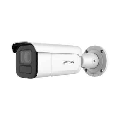 Bala IP 4 Megapixel / Lente Mot. 2.8 a 12 mm / 60 mts IR EXIR / Anticorroción / IK10 /  WDR 120 dB / PoE / Videoanaliticos (Filtro de Falsas Alarmas) / Ultra Baja Iluminación / Entrada y Salida de Audio y Alarmas / microSD