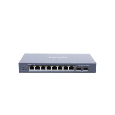 Switch Gigabit PoE+ / Administrable / 8 puertos 10/100/1000 Mbps PoE+ / 2 puertos SFP / configuración remota desde Hik-PartnerPro / PoE hasta 250 metros / 110 W