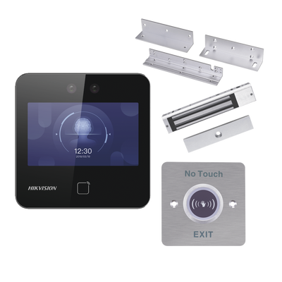 Kit de Control de Acceso TODO INCLUIDO con Lector de Rostros, QRs y Tarjetas / 1,500 rostros / Compatible con App HIKConnect /Incluye Electroimán  Botón de Salida y Montajes Z y L para imán