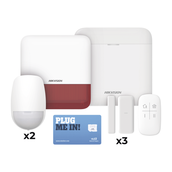 (AX PRO) KIT de Alarma AX PRO con GSM (3G/4G) / Incluye: 1 Hub / 2 Sensores PIR / 3 Contactos Magnéticos mini / 1 Control Remoto / 1 Sirena Roja Inalambrica Exterior  / 1 WiFi / 1 MICROSIM30M2M con 1 mes de servicio/Compatible con Hik-Connect P2P