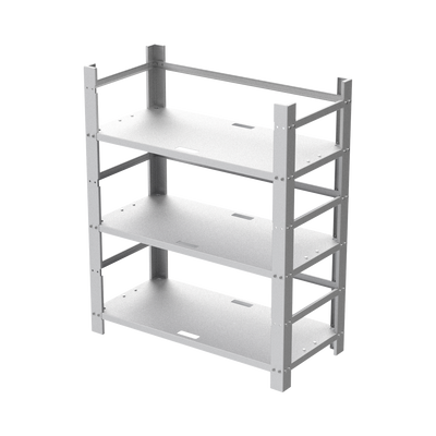 Estante Galvanizado de 3 Niveles para Instalación de 12 Baterías de Ciclo Profundo Similares a la PL-110-D12.