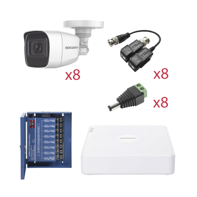 KIT TurboHD con Audio 1080p / DVR 8 Canales 1080p lite / 8 Cámaras Bala (exterior 2.8 mm) / Transceptores / Conectores / Fuente de Poder / AUDIO POR COAXITRON