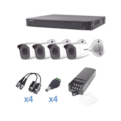 KIT TurboHD 1080p / DVR 4 Canales / 4 Cámaras Bala Metálicas (exterior 2.8 mm) / Transceptores / Conectores / Fuente de Poder Profesional