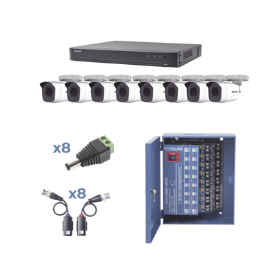 KIT TurboHD 1080p / DVR 8 Canales / 8 Cámaras Bala (exterior 2.8 mm) / Transceptores / Conectores / Fuente de Poder Profesional hasta 15 Vcc para Larga Distancias