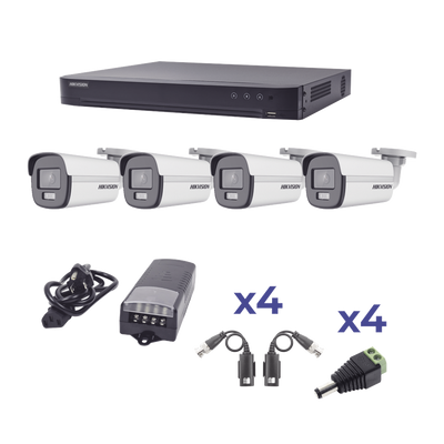 KIT COLORVU TURBOHD 1080p / DVR 4 Canales / 4 Cámaras Bala (exterior) lente 2.8mm / Fuente de poder profesional / Transceptores de video y Accesorios de corriente