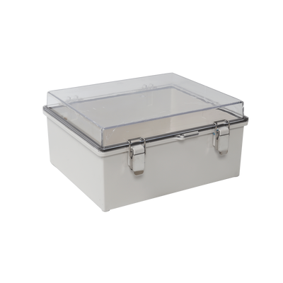 Gabinete Plástico ABS, Puerta Transparente, Uso en Intemperie (300 x 300 x 180 mm) Cierre por Broches Inoxidables.