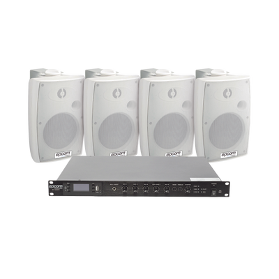 KIT de Amplificador de Audio 120W para Rack | 4 Altavoces de Pared color Blanco 2.5W - 20W | Sistema 70/100V