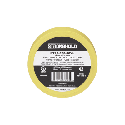 Cinta Eléctrica para Aislar, de PVC, Uso General, Grosor de 0.18mm (7 mil), Ancho de 19mm, y 20.12m de Largo, Color Amarillo