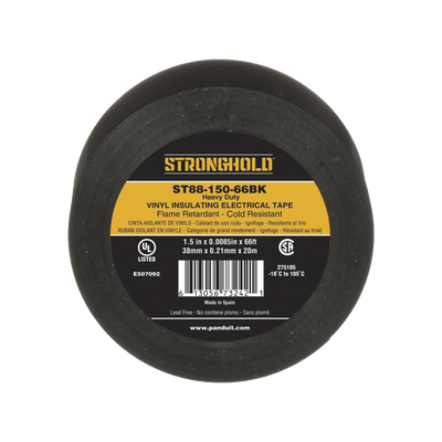 Cinta Eléctrica para Aislar, de PVC, Trabajo Pesado, Grosor de 0.21 mm (8.5 mil), Ancho de 38 mm, y 20 m de Largo, Uso Interior/Exterior, Color Negro
