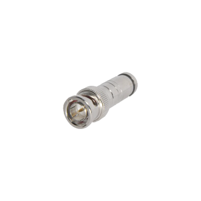 Conector BNC Macho en 75 Ohm, de Compresión Axial para Cable Coaxial RG-59/U, Níquel/ Oro/ Politetrafluoroetileno.
