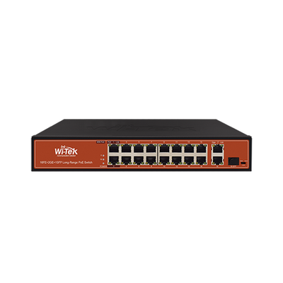 Switch PoE (802.3af/at/bt) / No administrable de largo alcance / Hasta 250m / 16 x 10/100Mbps (PoE) + 2 x 100/1000Mbps + 1 x SFP / 200 W